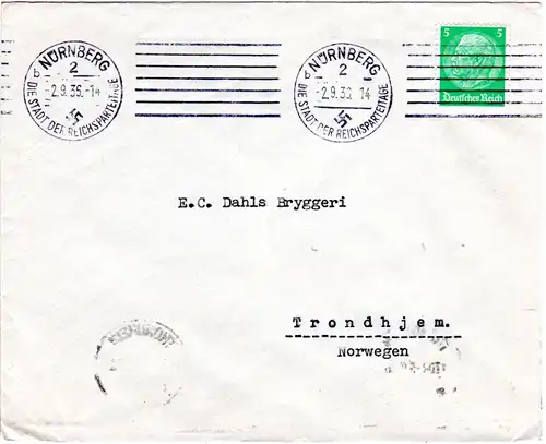 DR 1936, EF 5 Pf. auf Drucksache Brief v. Nürnberg n. Norwegen.