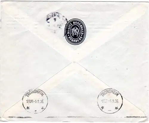 DR 1936, EF 5 Pf. auf Drucksache Brief v. Nürnberg n. Norwegen.