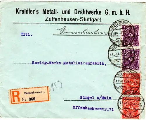 DR 1922, 4 Marken auf Firmen Reko Brief v. Zuffenhausen - Stuttgart