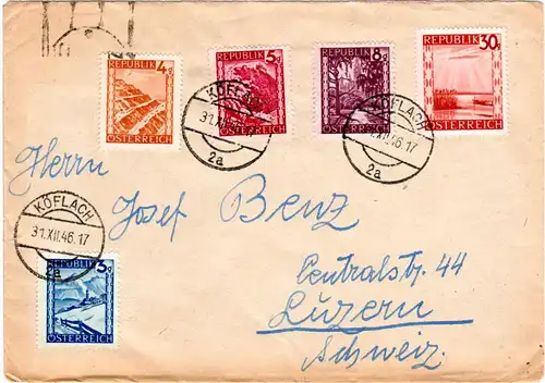 Österreich 1946, 5 Marken auf Zensur Brief v. Köflach i.d. Schweiz