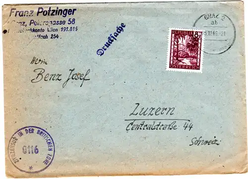 Österreich 1946, EF 8 G. auf Zensur Drucksache Brief v. Graz i.d. Schweiz