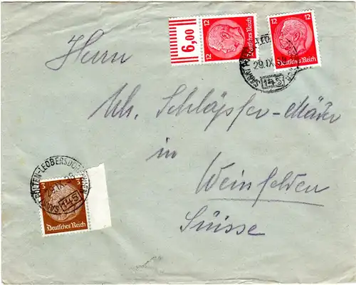 DR 1938, 3+12+12 Pf. auf Ostmark Brief m Bahnpost Stpl. St. Pölten - Leobersdorf