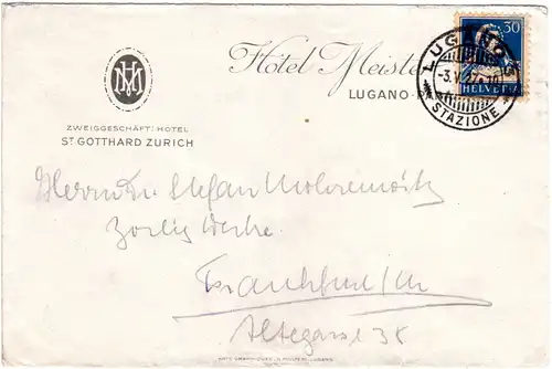 Schweiz 1927, 30 C. auf Hotel Brief v. Lugano n. Frankfurt.