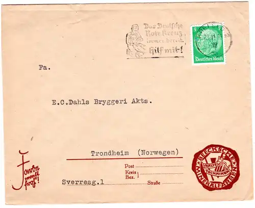 DR 1939, EF 5 Pf. auf Drucksache Brief v. KREFELD 2 n. Norwegen