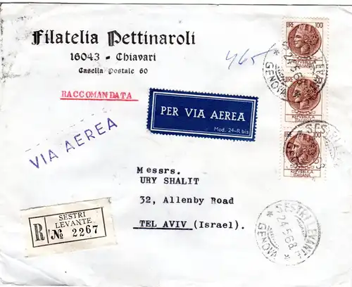 Italien 1968, MeF 3x100 L. auf Einschreiben Brief v. Sestri Levante n. Israel