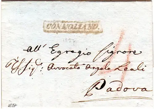 Lombardei Venetien Italien 1827, R1 CONEGLIANO klar auf Porto Brief n. Padova