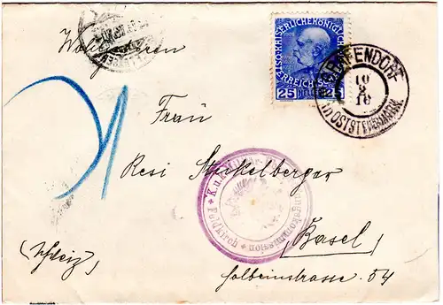 Österreich 1916, 25 H. auf Zensur Brief v. K2 GRAFENDORF in OSTSTEIERMARK i.d.CH
