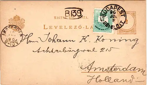 Ungarn 1890, 3 K. Zusatzfr. auf 2 K. Ganzsache v. Budapest n. NL