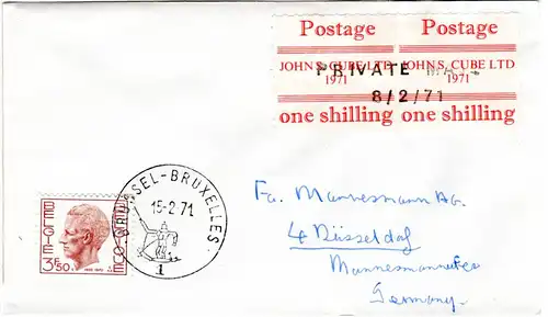 GB 1971, 2 Post Streik Marken John S. Cube Ltd. auf Brief m. Belgien Marke 