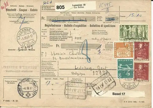 Schweiz 1961, 5 Marken auf Paketkarte v. Lausanne La Sallaz n. Belgien