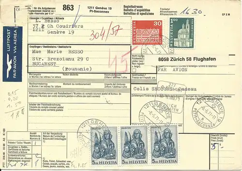 Schweiz 1971, 5 Marken auf Paketkarte v. Geneve 19 Pt-Saconnex n. Rumänien