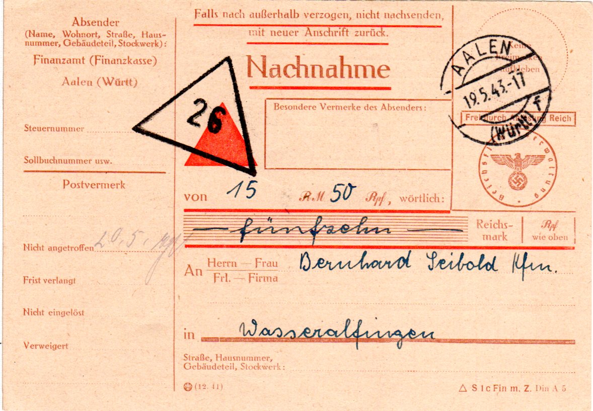 DR 1944, Finanzamt Aalen, Nachnahme.. | Briefmarken günstig