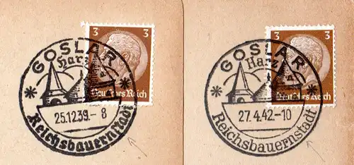 DR 1939/42, Goslar Reichsbauernstadt, 2 unterschsch. So-Stpl. auf 2 Karten