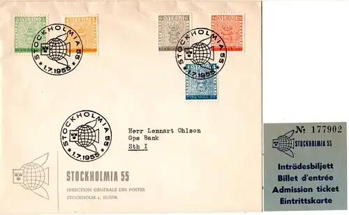 Schweden, Stockholmia 1955, 5 Werte kpl. auf FDC Brief m. entspr. Sonderstpl.