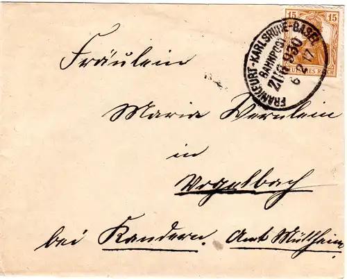 DR 1917,  Bahnpost Stpl. Frankfurt-Karlsruhe-Basel klar auf Brief m. 15 Pf.
