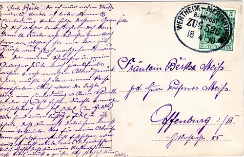 DR 1910,  Bahnpost Stpl. WERTHEIM-MERGENTHEIM klar auf Karte m. 5 Pf.
