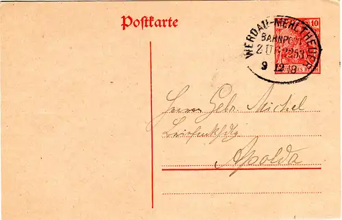 DR 1918,  Bahnpost Stpl. WERDAU-MEHLTHEUER klar auf 10 Pf. Ganzsache