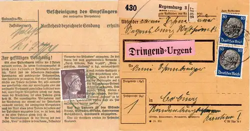 DR 1942, 2x80+rs.15 Pf. auf Paketkarte v. Regensburg m. Extragebühr f. Dringend