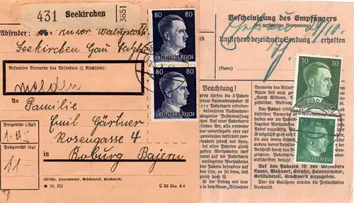 DR 1942, Paar 80 + rs. 5+30 Pf. auf Paketkarte v. SEEKIRCHEN Österreich