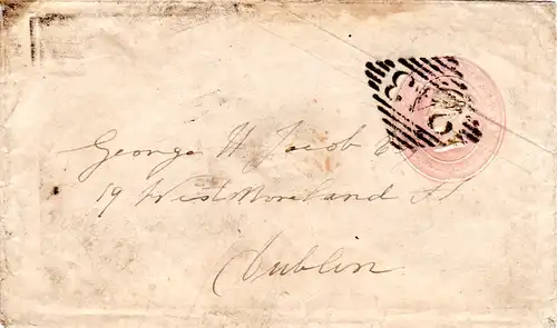 GB 1845, 1d Ganzsache Brief m. klarem Irland Stpl. 243 nach Dublin.
