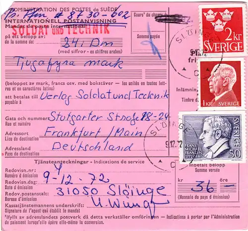 Schweden 1972, 1+2,50 Kr auf Internat. Postanweisung v. Hägersten n. Deutschland