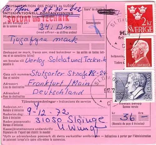 Schweden 1972, 1+2 Kr+50 öre auf Intern. Postanweisung v. SLÖINGE n. Deutschland