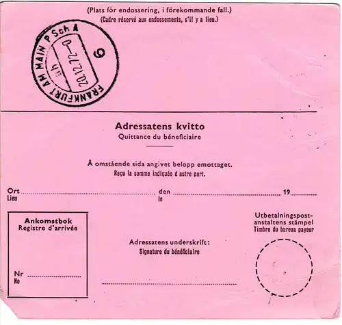 Schweden 1972, 1+2 Kr+50 öre auf Intern. Postanweisung v. SLÖINGE n. Deutschland