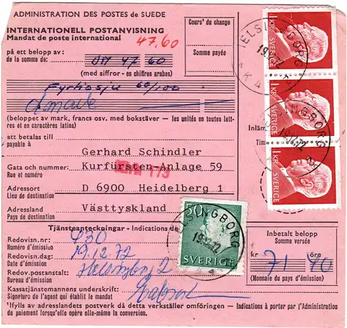 Schweden 1972, 3x Kr+50 öre auf Int. Postanweisung v. Helsingborg n. Deutschland