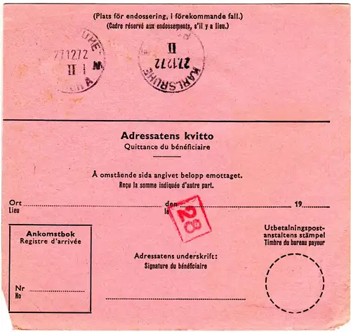 Schweden 1972, 3x Kr+50 öre auf Int. Postanweisung v. Helsingborg n. Deutschland