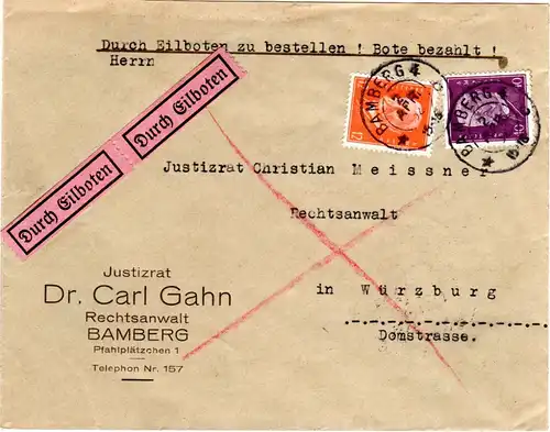DR 1932, 40+12 Pf. auf Eilboten Brief v. Bamberg n. Würzburg