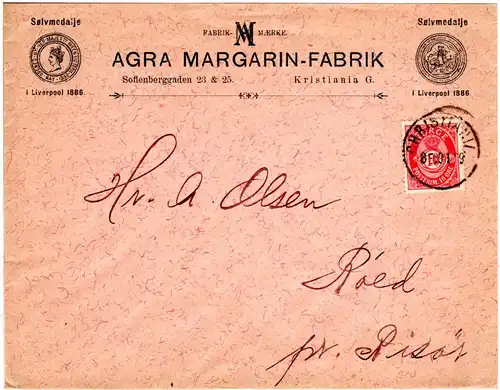 Norwegen 1899, 10 öre auf AGRA Reklame Brief v. Christiania