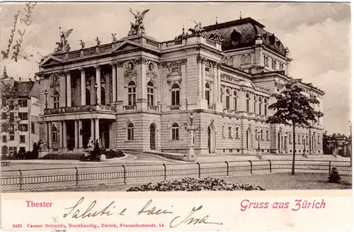 Schweiz, Gruss aus Zürich m. Theater, 1901 gebr. Farb-AK 