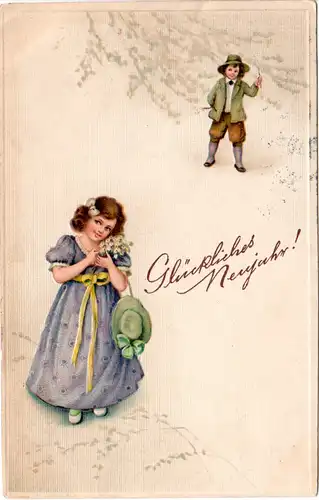 Glückliches Neujahr!, 1914 gebr. Präge Farb-AK 