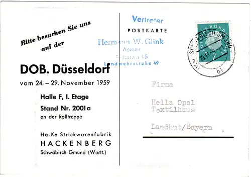 Strickwaren Hackenberg Schwäbisch Gmünd, 1959 gebr. Mode sw-AK 