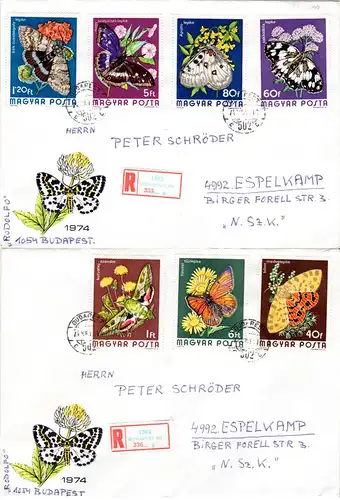 Ungarn, 7 Werte Schmetterlinge, kpl. Ausgabe auf 2 Reko Briefen n. Schweden.