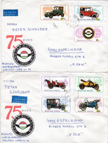 Ungarn, 7 Werte Oldtimer Automobile, kpl. Ausgabe auf 2 Briefen n. Schweden.