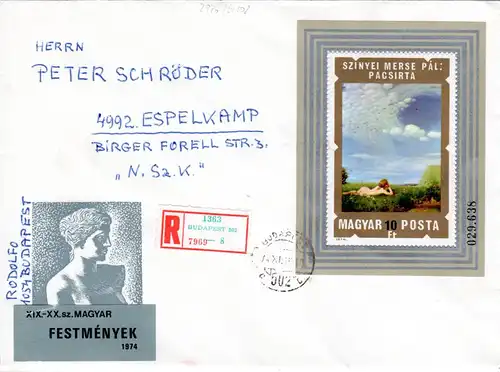 Ungarn 1974, Malerei / Gemälde Block auf Reko Brief n. Schweden