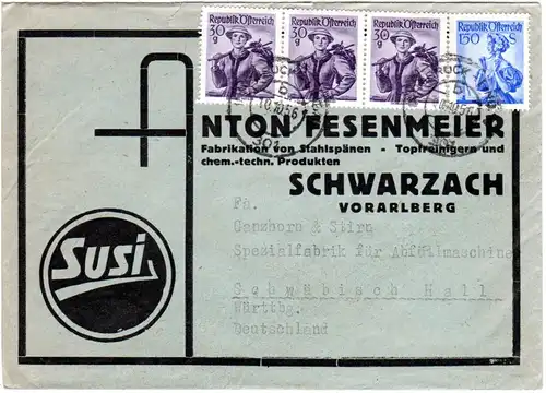 Österreich 1956, 4 Marken auf Susi Reklame Umschlag v. Schwarzach Vorarlberg