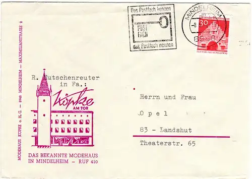 Mindelheim 1968, Modehaus Köpke am Tor, illustrierter Reklame Umschlag m. 30 Pf.