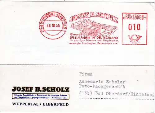 BRD 1955, attraktiver Firmen Werbestpl. Scholz auf Karte v. Wuppertal Elberfeld