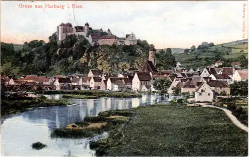 Gruss aus Harburg i. Ries, Ansicht m. Burg, 1906 gebr. Farb-AK