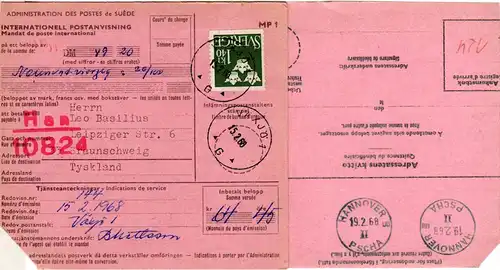 BRD 1968, HANNOVER PSCHA uu rücks. auf Internationaler Postanweisung v. Schweden