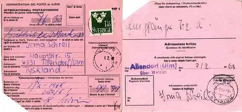 BRD 1968, ALLENDORF ü. WETZLAR rücks. auf Int. Postanweisung v. Schweden
