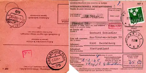 BRD 1968, Karlsruhe PSchA d rücks. auf Internationaler Postanweisung v. Schweden