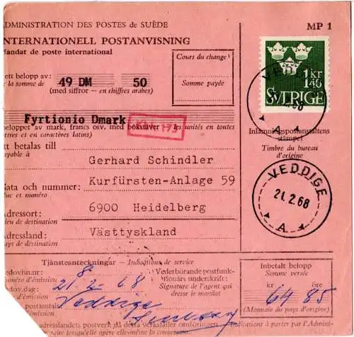 BRD 1968, Karlsruhe PSchA d rücks. auf Internationaler Postanweisung v. Schweden