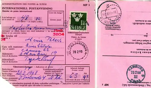 BRD 1968, Hamburg PSchA op rücks. auf Internationaler Postanweisung v. Schweden