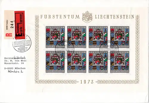 Liechtenstein 590, 8x5 Fr., kpl. Kleinbogen auf Einschreiben Eilboten Brief 