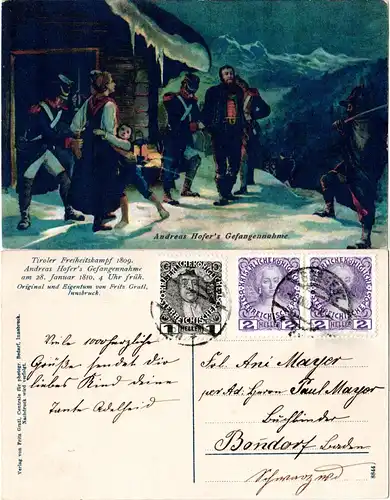 Österreich, 1+Paar 2 H. auf Andreas Hofer AK, 1908 v. Bregenz gebr.