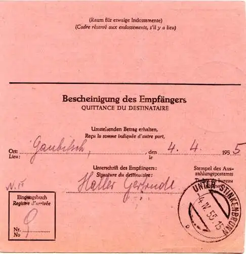 BRD 1955, EF 60 Pf. Heuss auf Auslands Postanweisung v. Donauwörth