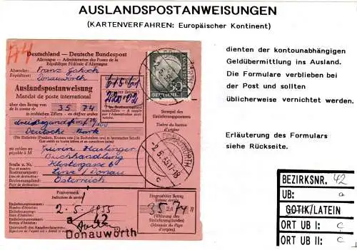 BRD 1955, EF 50 Pf. Heuss auf Auslands Postanweisung v. Donauwörth